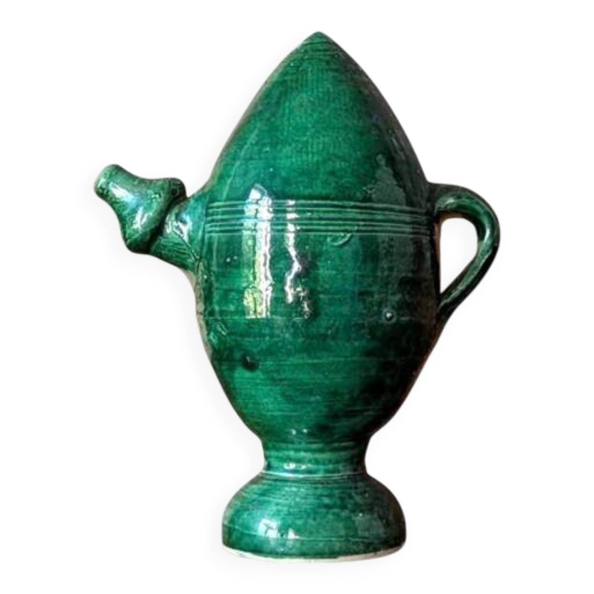Decorative piece in green glazed stoneware, jug shape.
