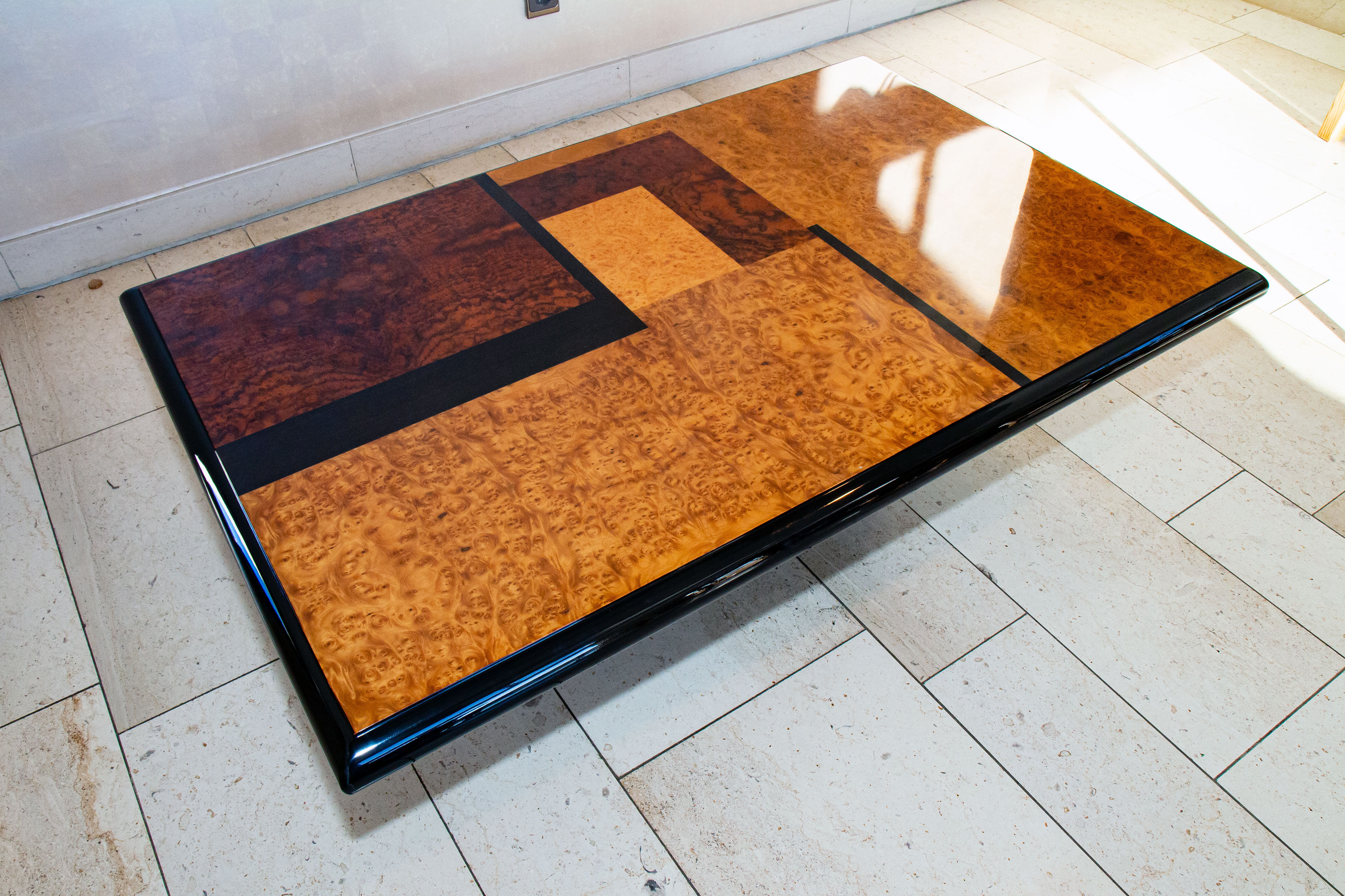 Coffee table, elm magnifying glass marquetry, bramble and black lacquer, 1980