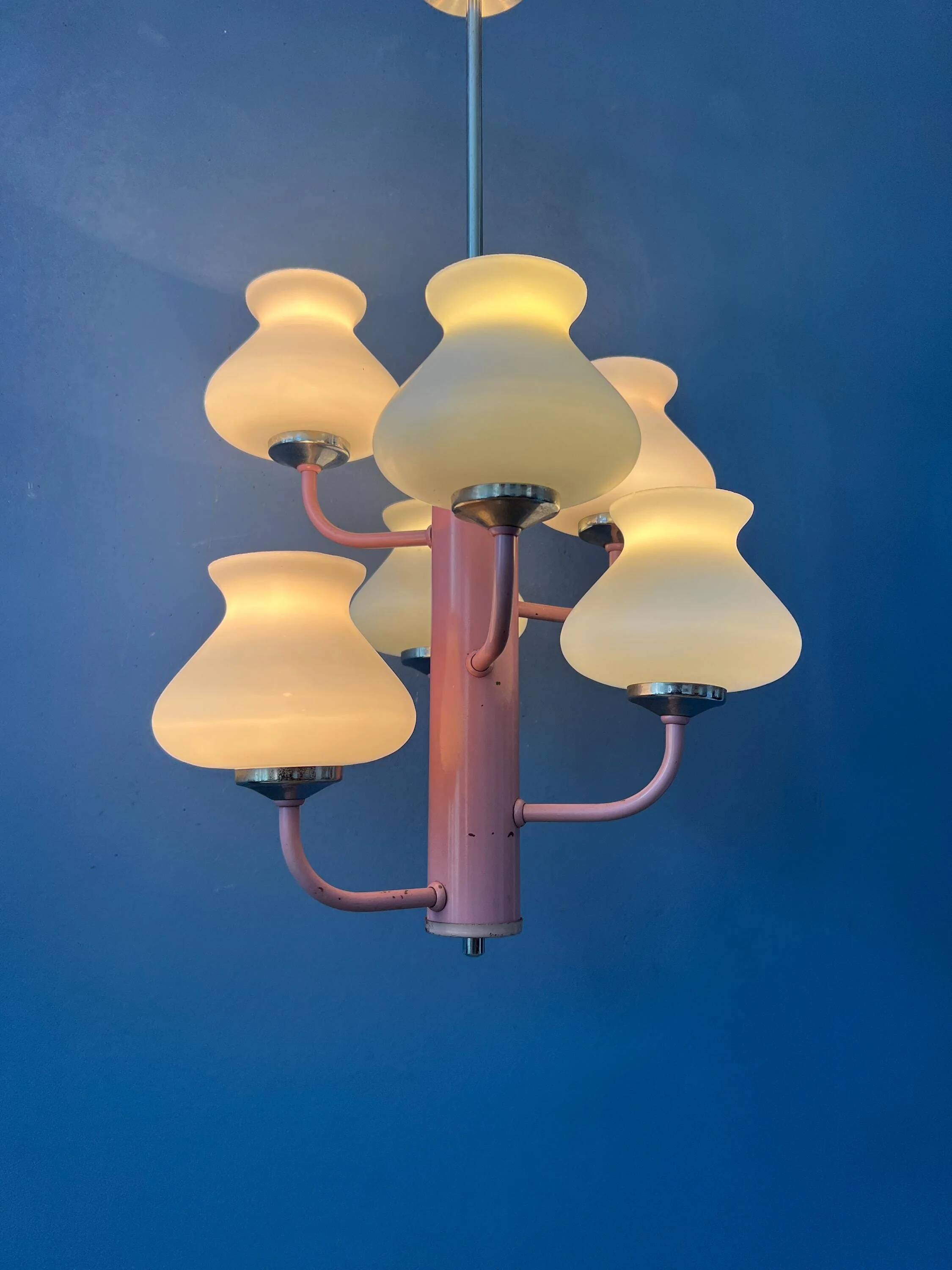 Mid-century opaline glass chandelier with a pink structure.