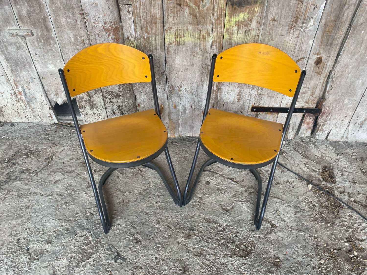 Pair of Chairs SOUVIGNET Model ELODIE Grey Metal & Wood Made in France