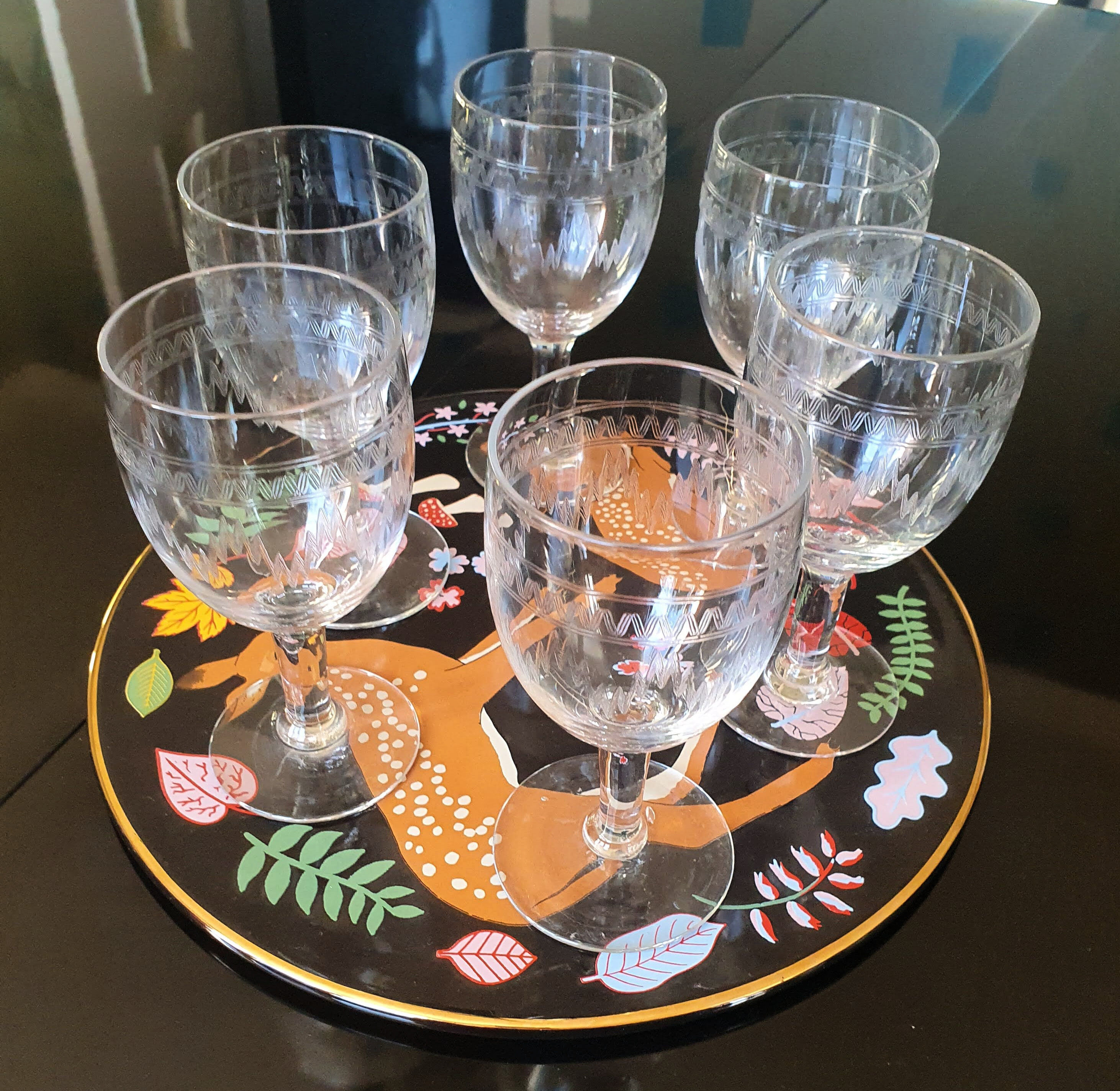 Engraved glass wine glasses