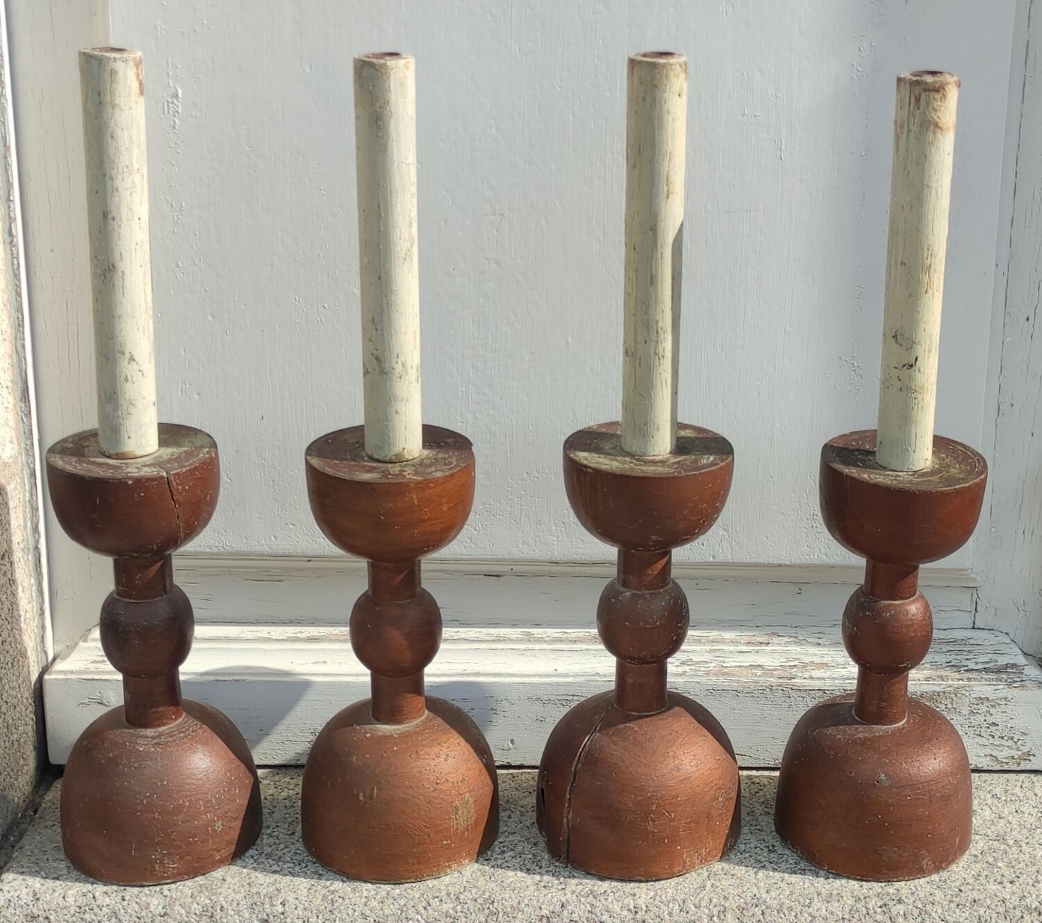 Series of 4 old large wooden candlesticks/brutalist