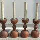 Series of 4 old large wooden candlesticks/brutalist