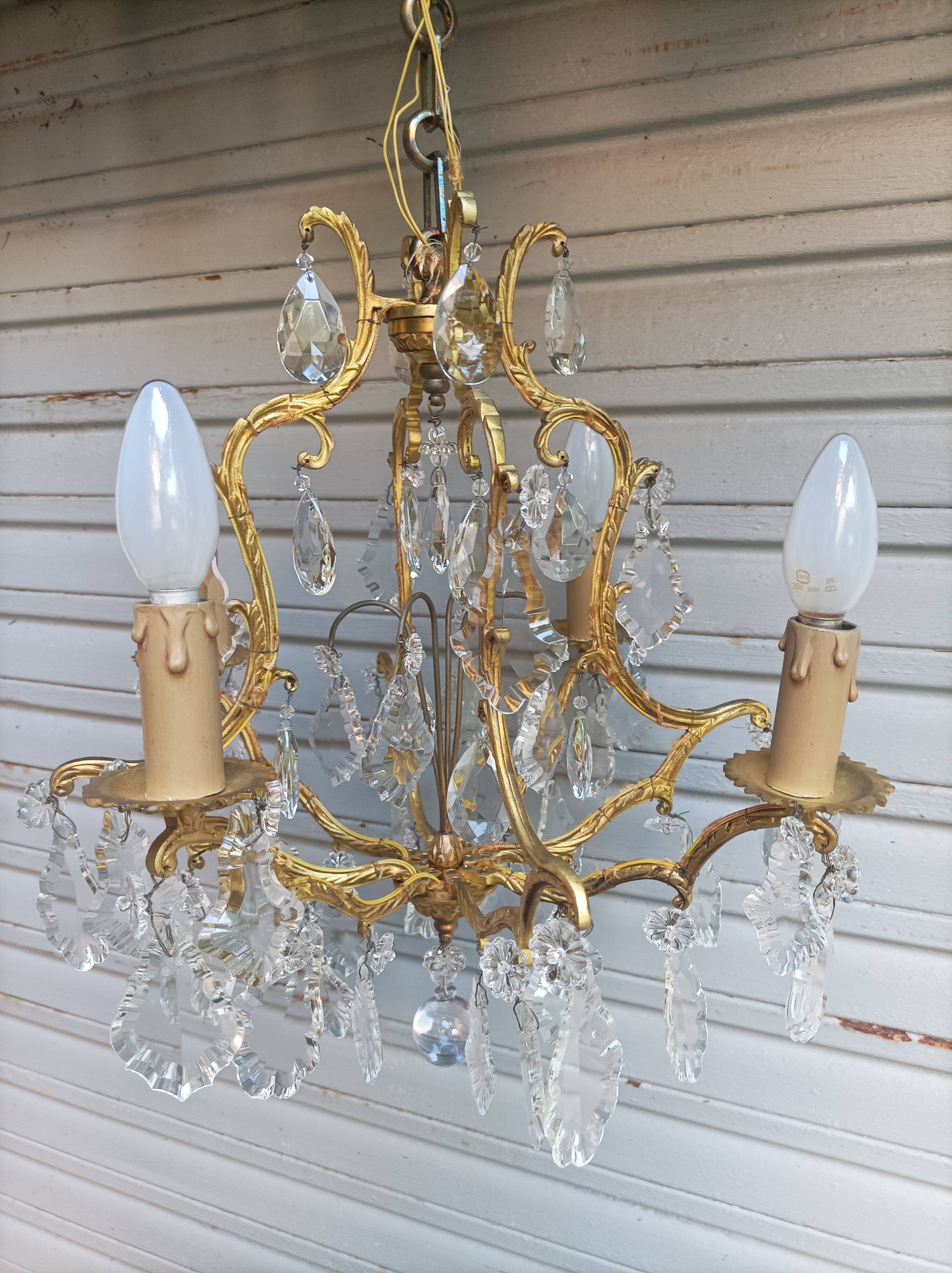 Rare old cage chandelier in gilded bronze and crystal 4 lights / WORKING CONDITION LEFT?