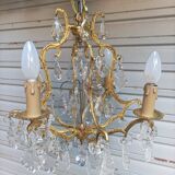 Rare old cage chandelier in gilded bronze and crystal 4 lights / WORKING CONDITION LEFT?
