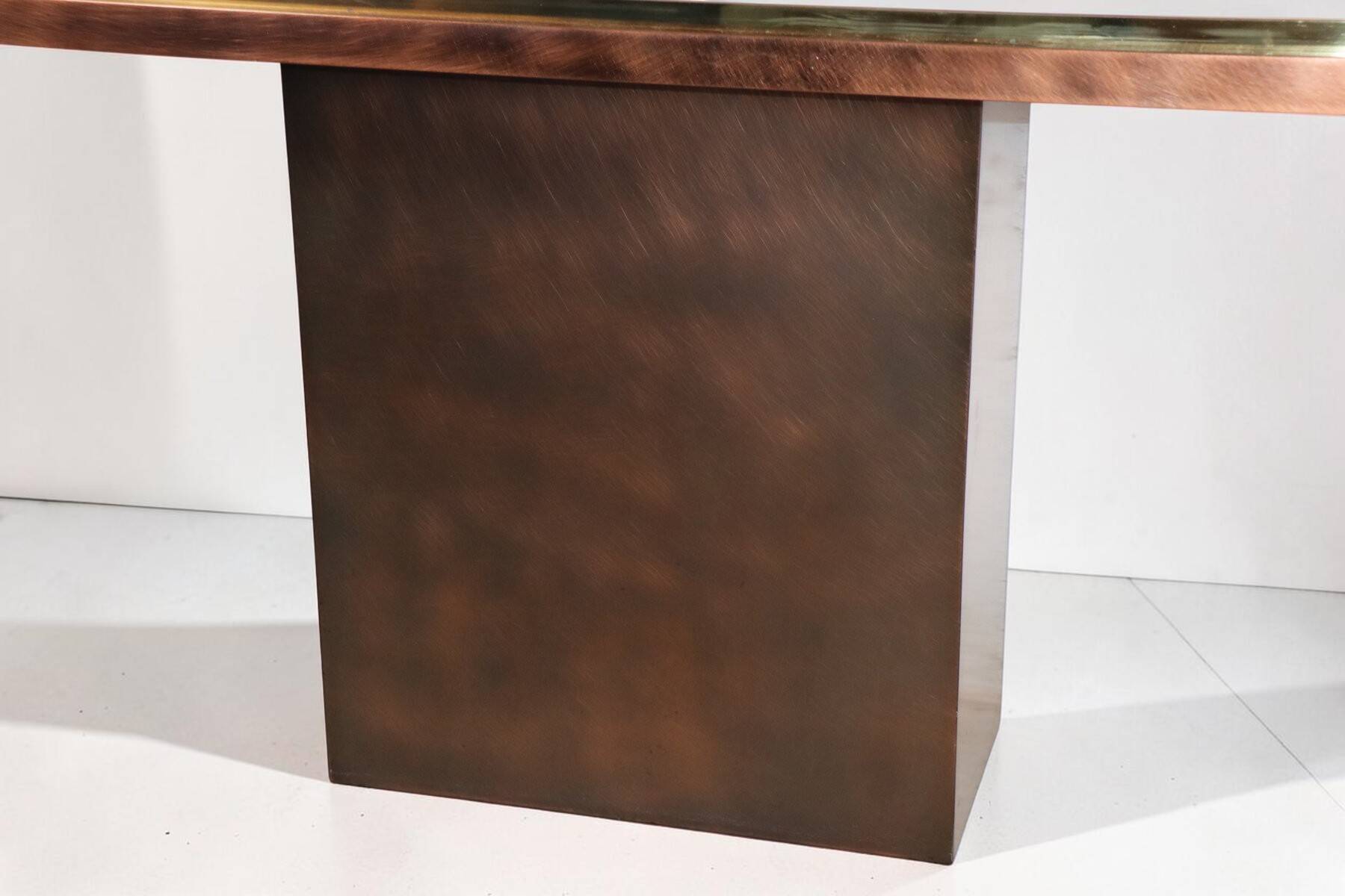 Minimalist console in travertine and patinated metal — 1970s