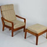 Fauteuil danois en teck à dossier haut J. Kristensen + ottomane années 70