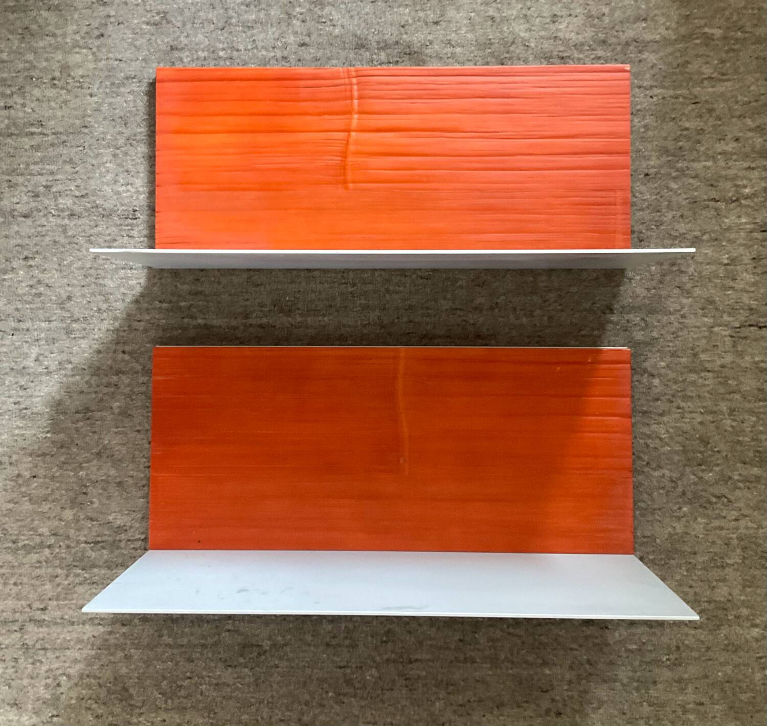Pair of contemporary wall shelves in steel and stained wood
