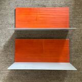 Pair of contemporary wall shelves in steel and stained wood