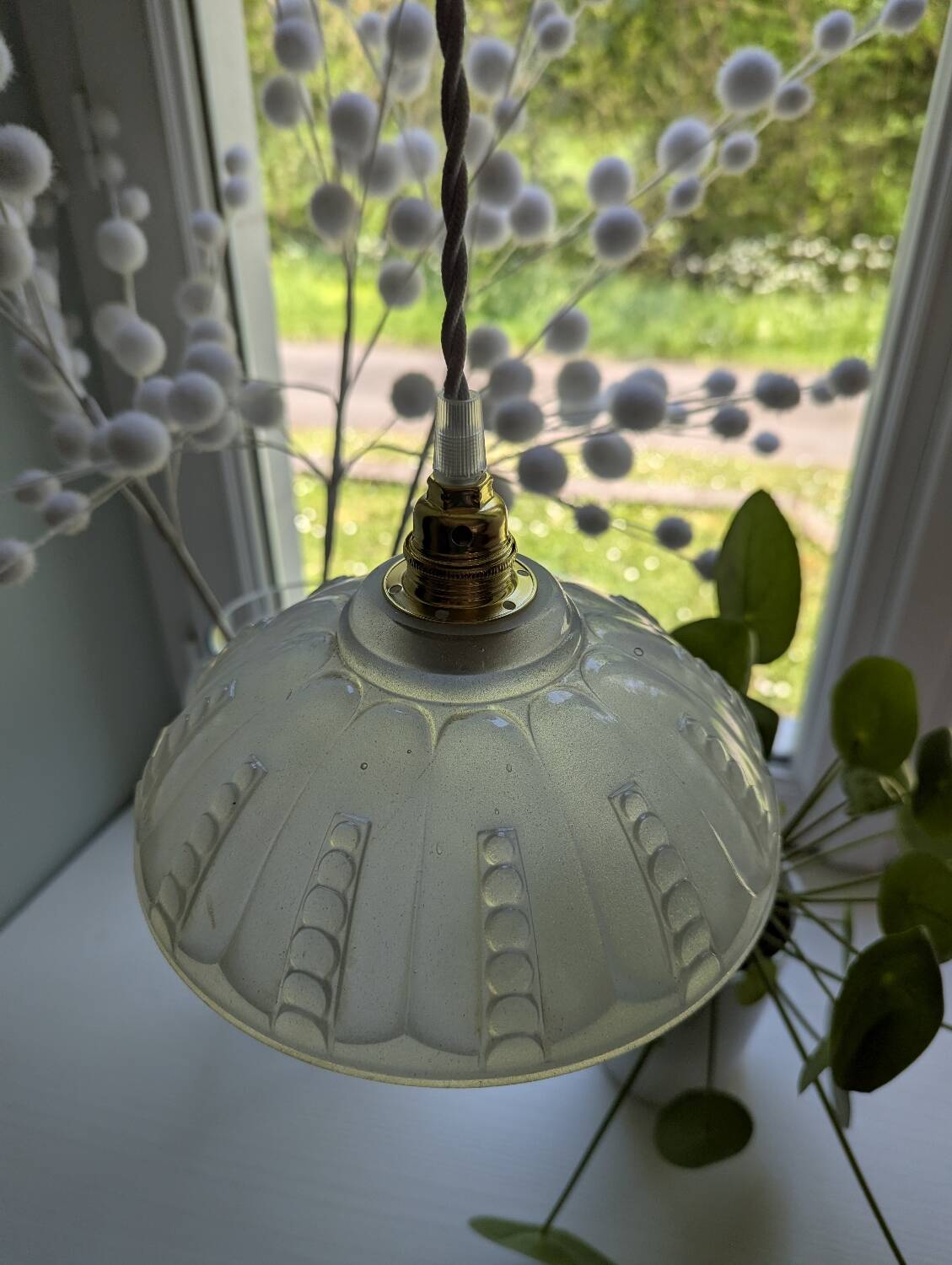 Antique opalescent pressed glass cup pendant lamp, art deco portable lamp