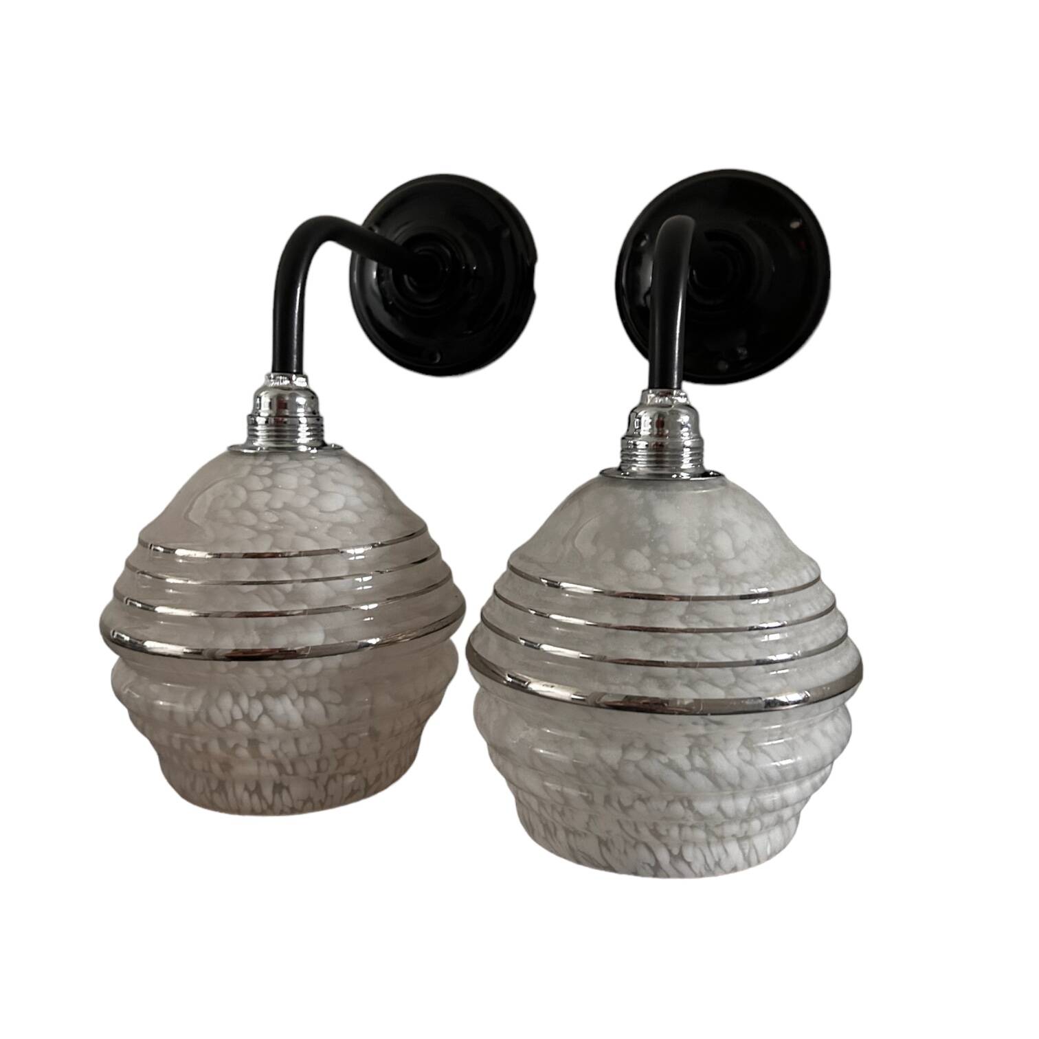 Pair of white, black and silver Art Deco wall lights