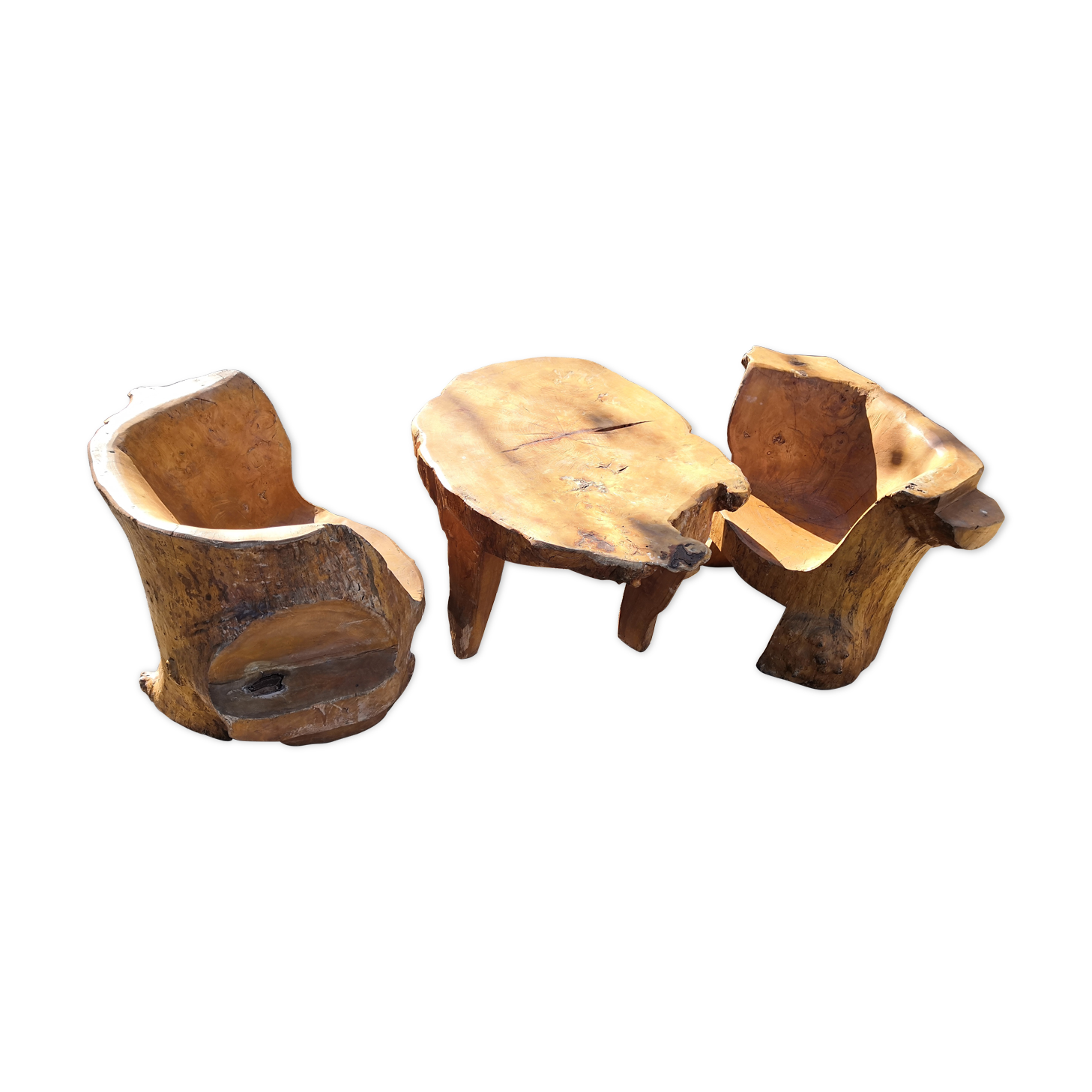 Living room 2 armchairs & coffee table in elm brutalist design 1950