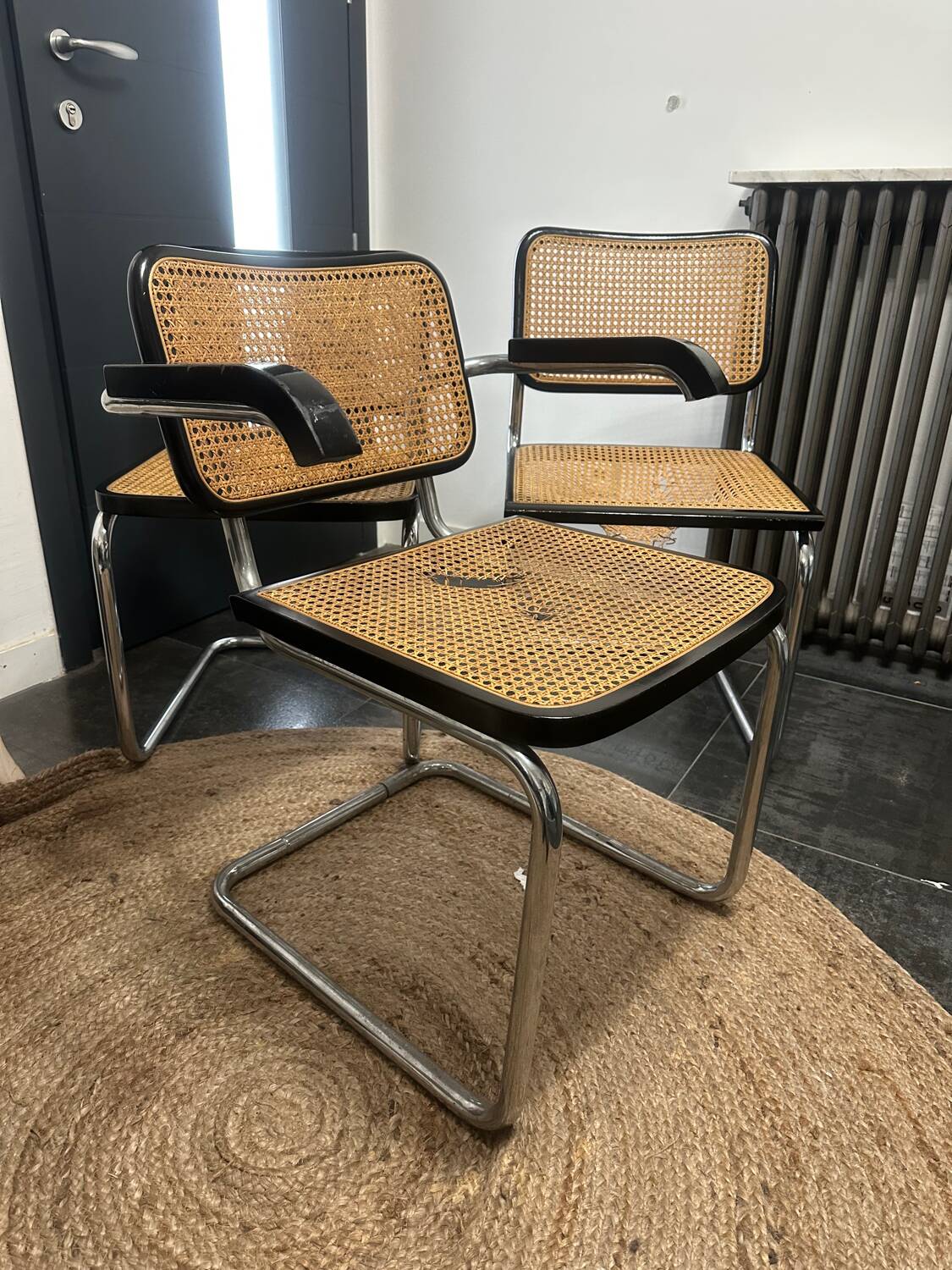 Lot of 1 armchair and 2 Cesca B32 chairs, Thonet edition, seats need reupholstering