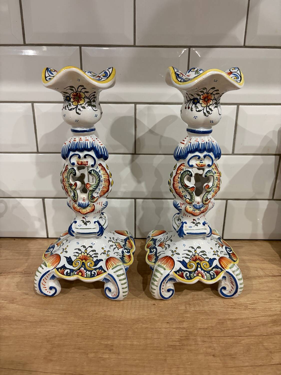 Set of two old Rouen candlesticks.