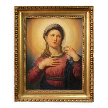 Peinture sur panneau du XIXe siècle, Vierge Marie en contemplation