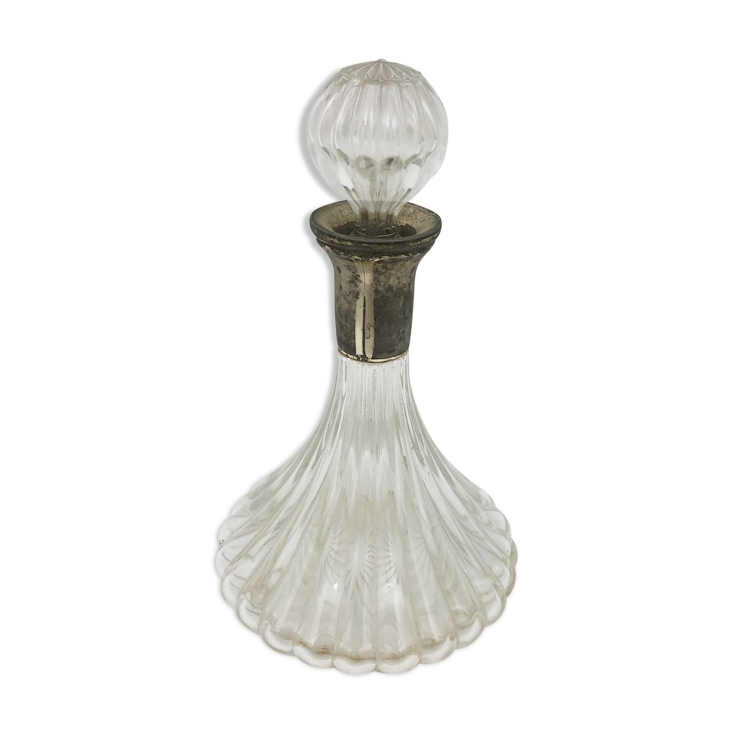 Large glass decanter and tin ring