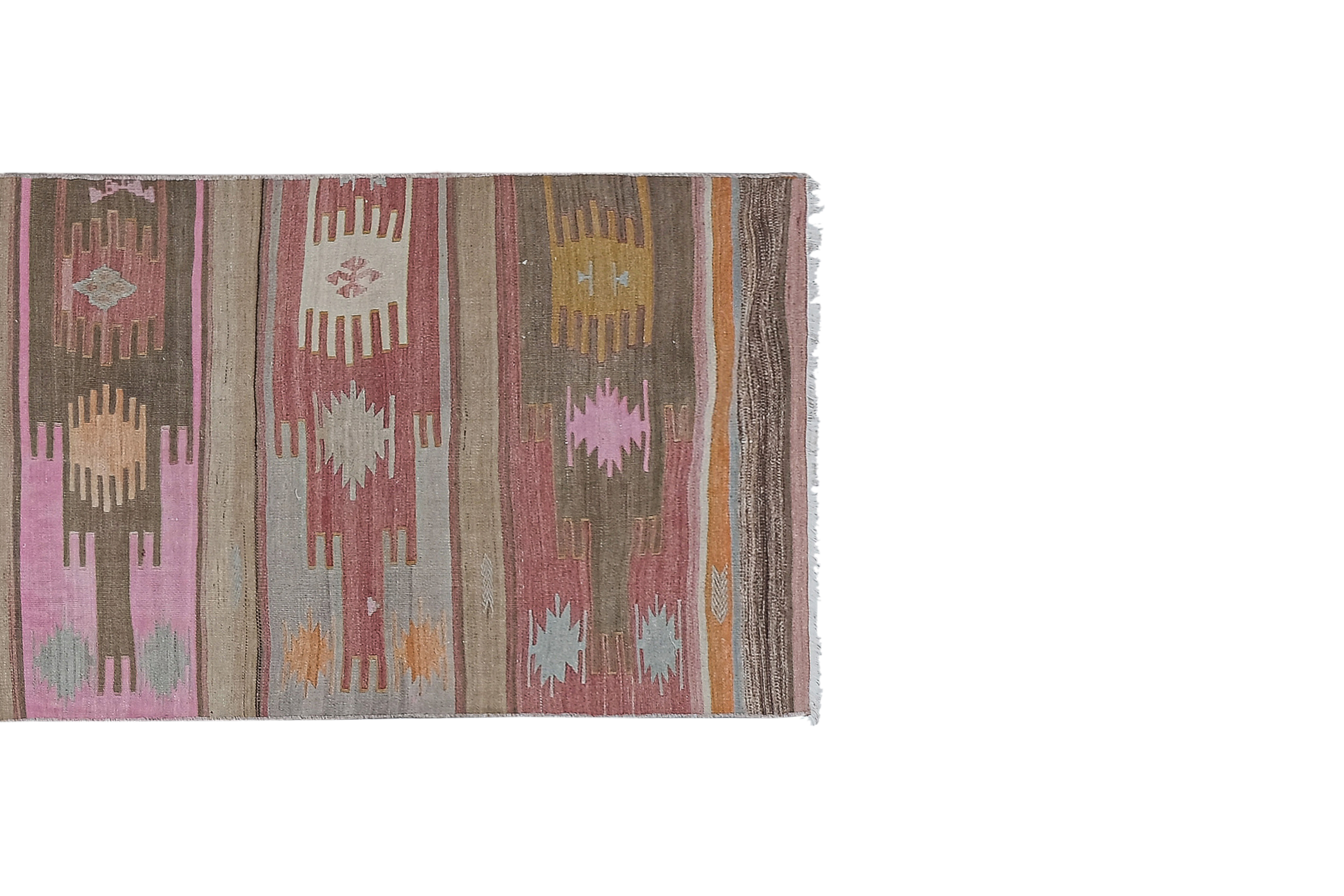 Handwoven Vintage Sivas Kilim Runner in Green Geometric Pattern 2'8'' x 12'6''