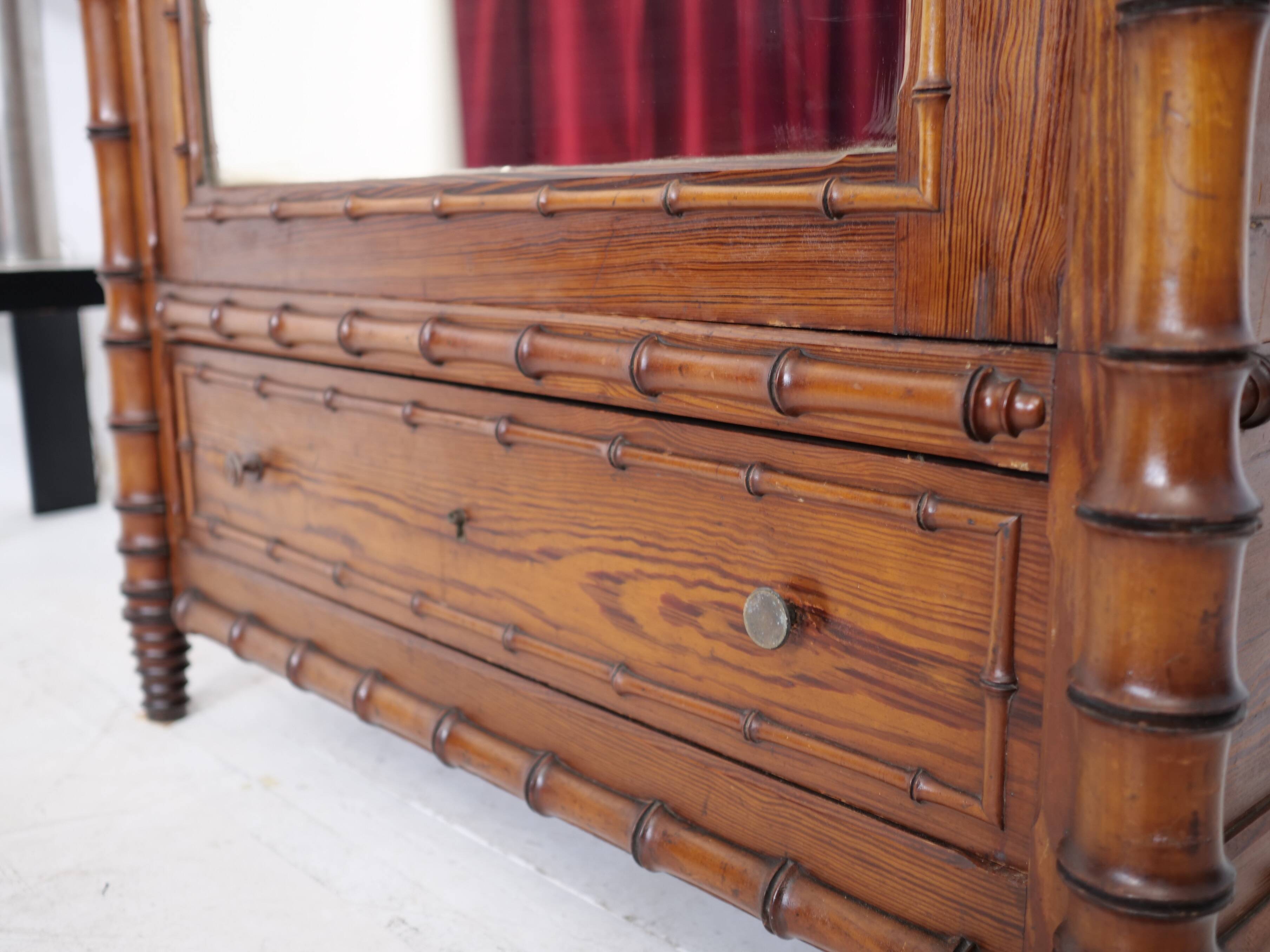 19th Century French Pine Faux Bamboo Mirrored Cabinet