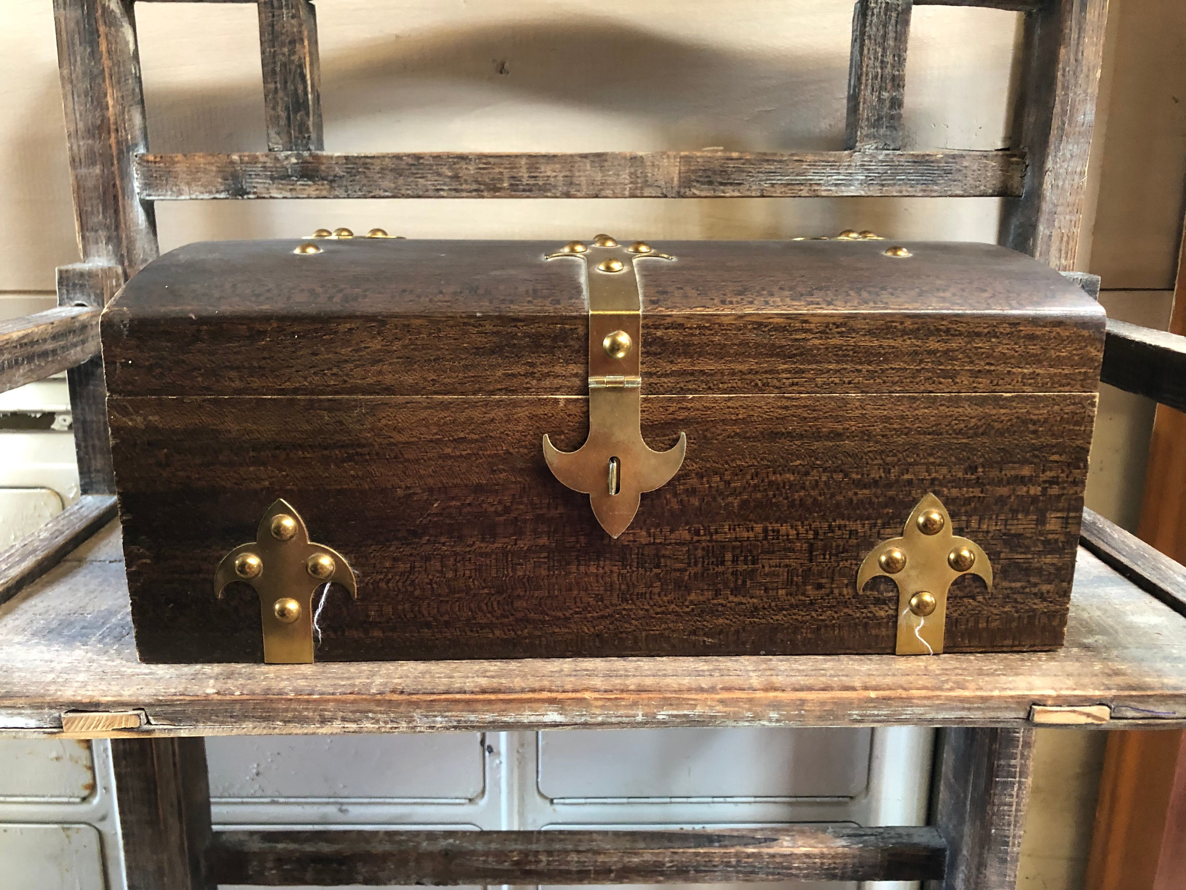 Old Box Storage Wood + Clamoir Metal Gilded Interior Fabric Red Vintage