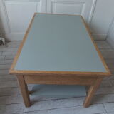 Coffee table made from a desk of the 40s, tray and green shelf