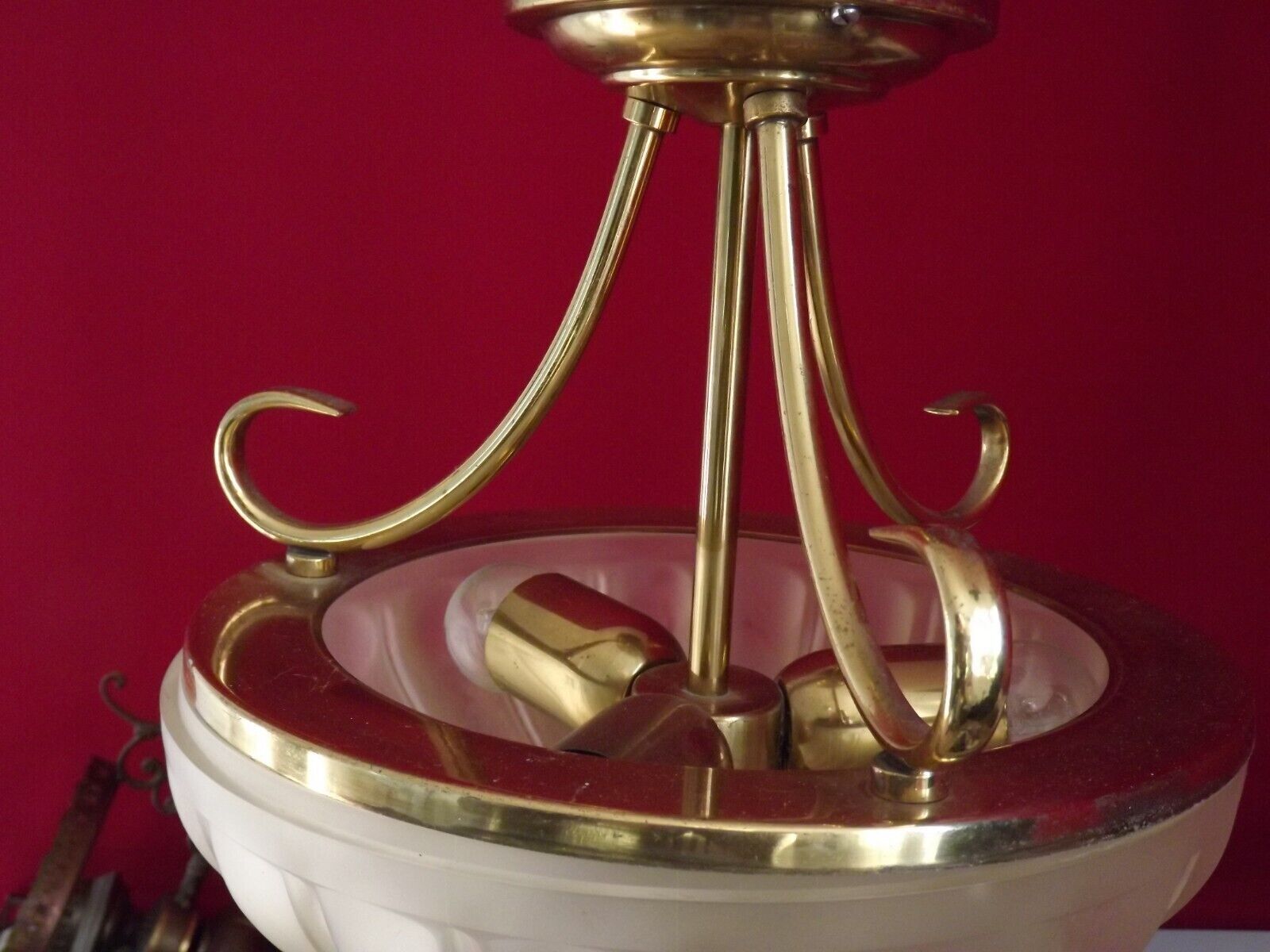 French mid century 3 bulb brass semi flush ceiling light opaque glass shade