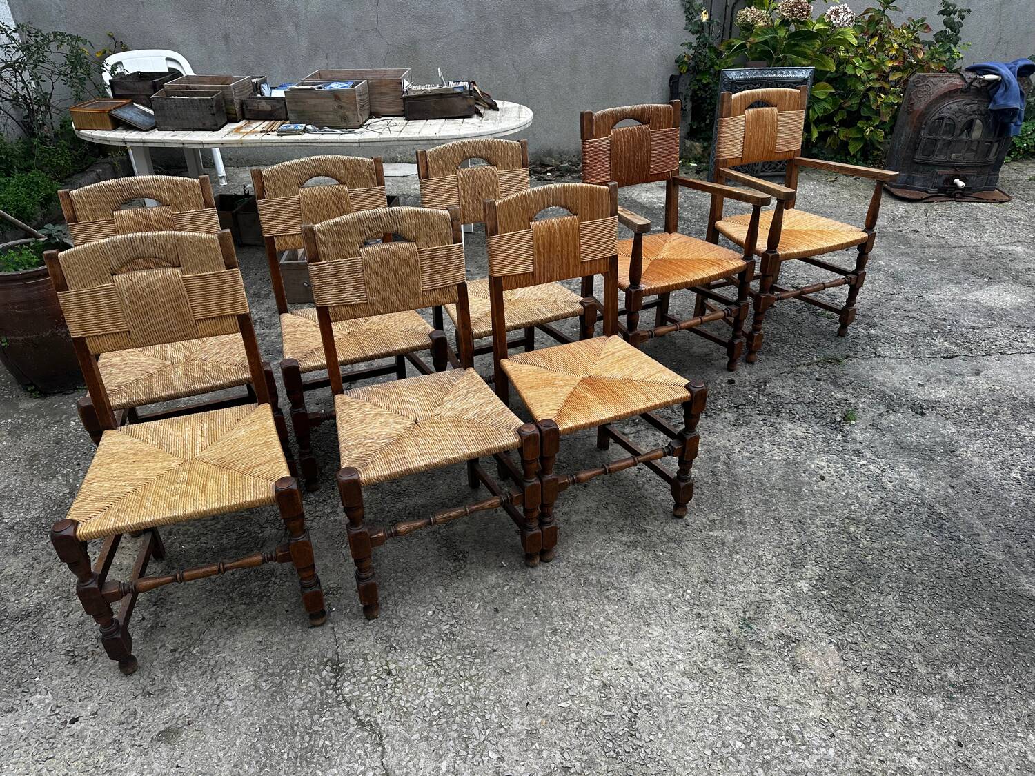 Set of 6 chairs and 2 armchairs, Brutalist style, 1950s