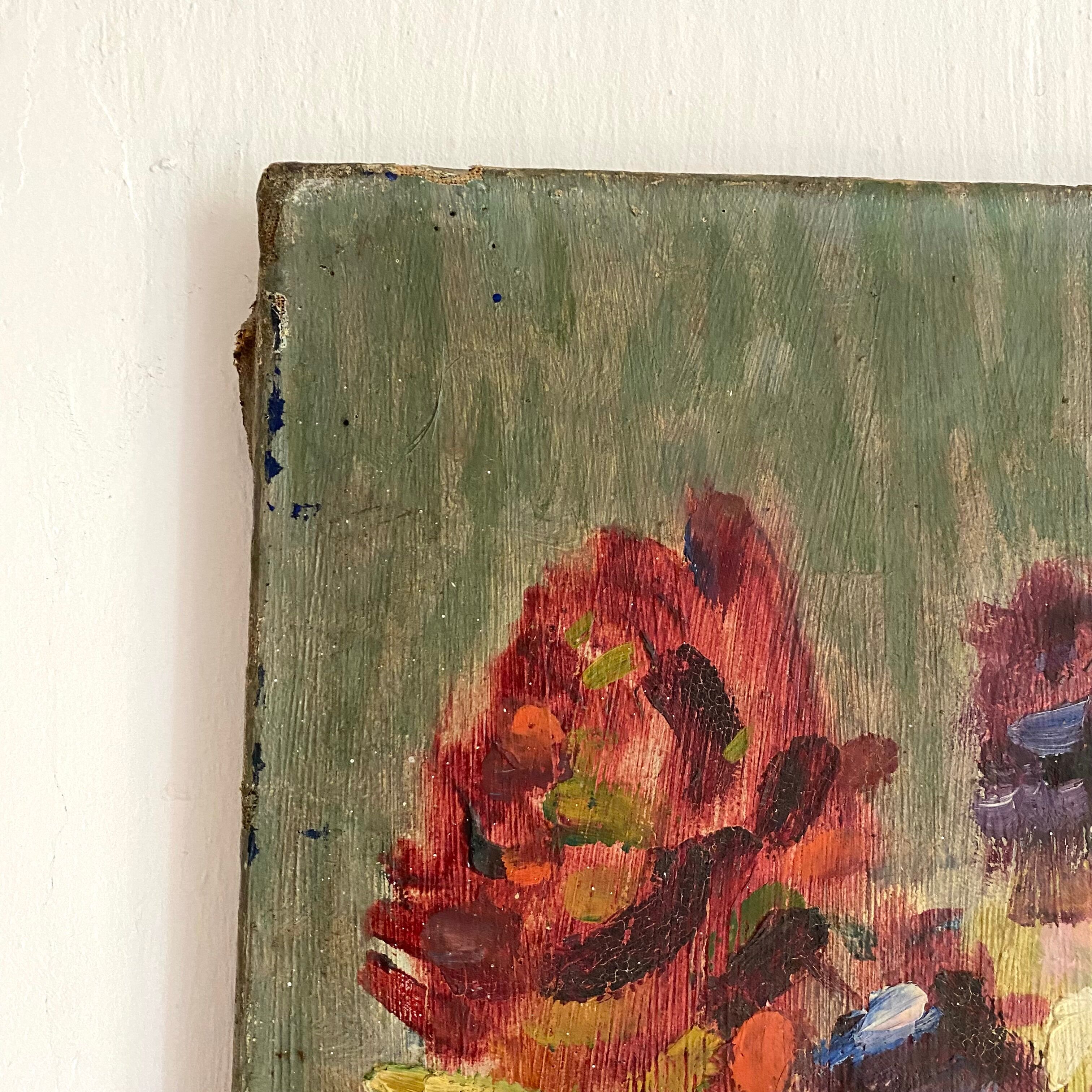 Oil on ancient canvas, still life bouquet of flowers