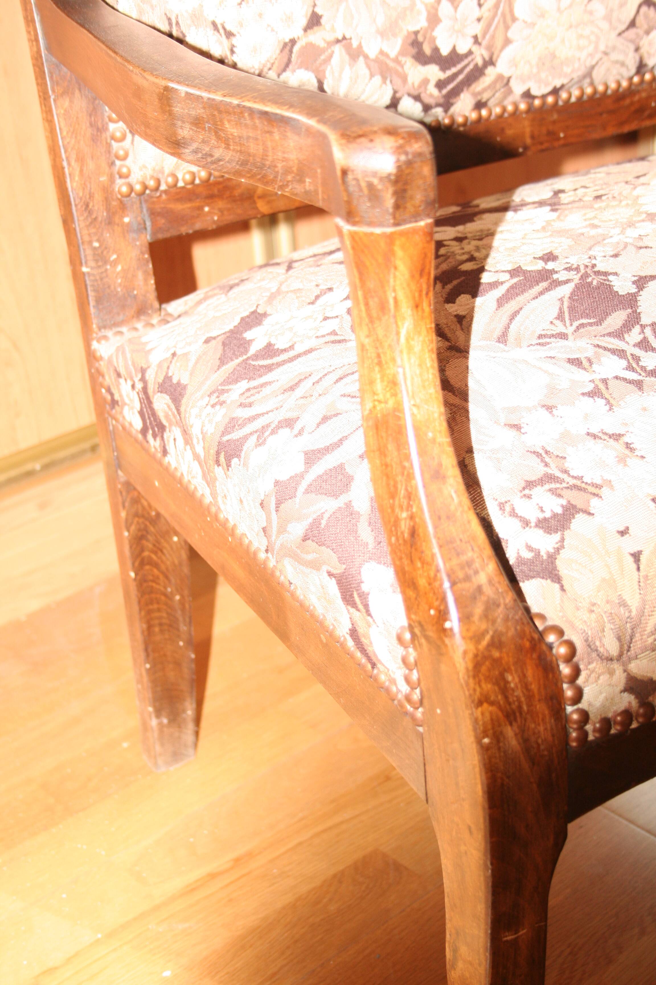 Old provencal bench studded fabric & solid wood 3 seat