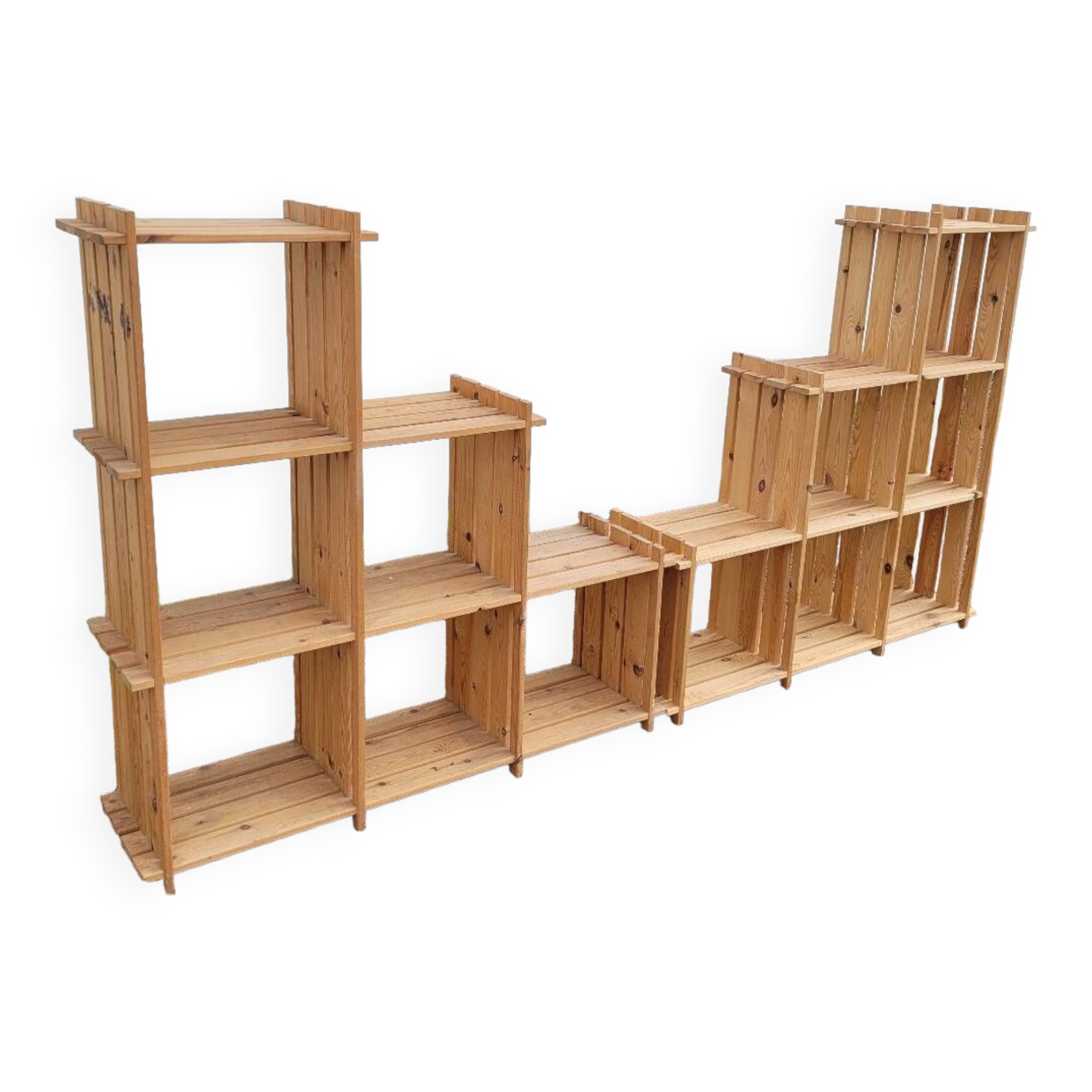 Pair of vintage pine "staircase" bookcase shelves - 1970s