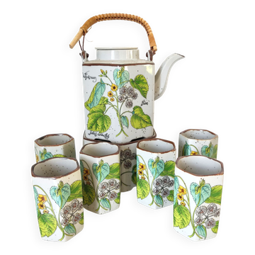 Théière, réchaud et 6 tasses