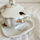 Saucière à couvercle ancienne en porcelaine de Limoges Haviland décor d'oiseaux