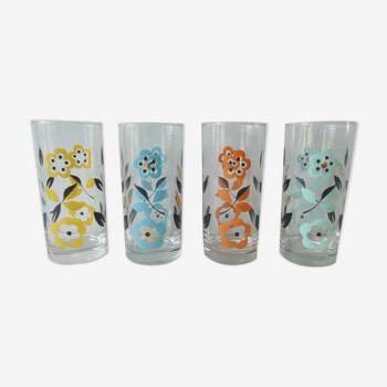 Lot de 4 verres décor fleurs, années 70