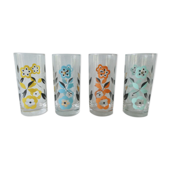 Lot de 4 verres décor fleurs, années 70