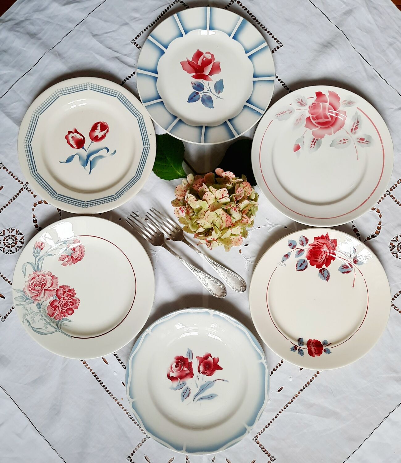 Old flat plates mismatched in earthenware