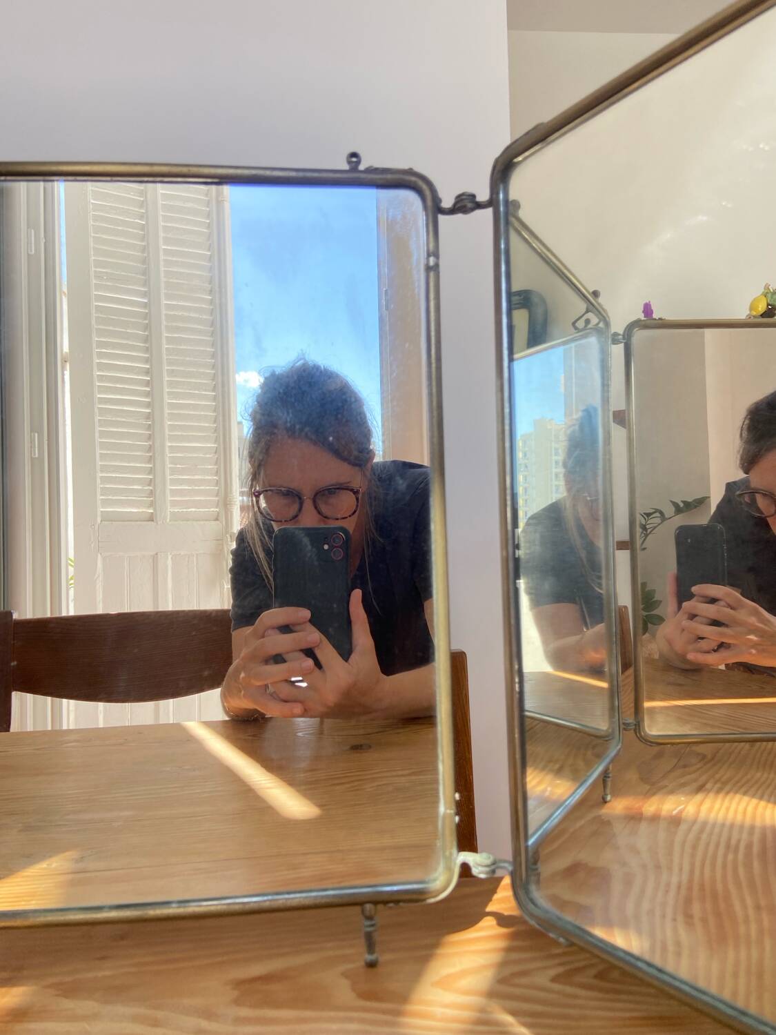 Metal triptych mirror from the 1950s