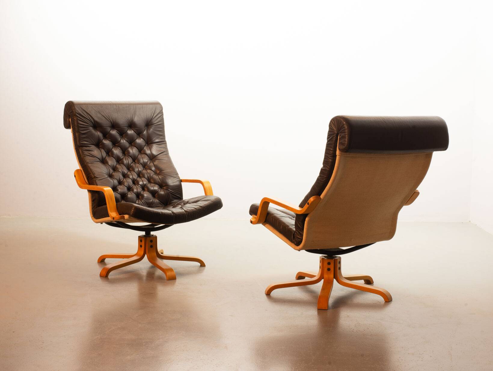 Noboru Nakamura Design Chocolate Brown Padded Leatherette Swivel Chairs 70s