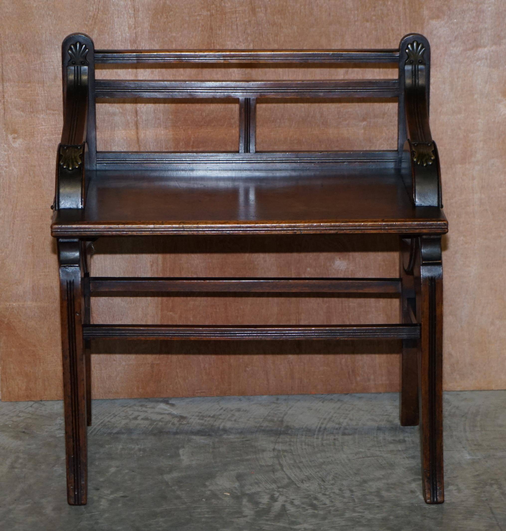Antique entrance bench by Jas Shoolbred with brass fittings and walnut frame circa 1890.