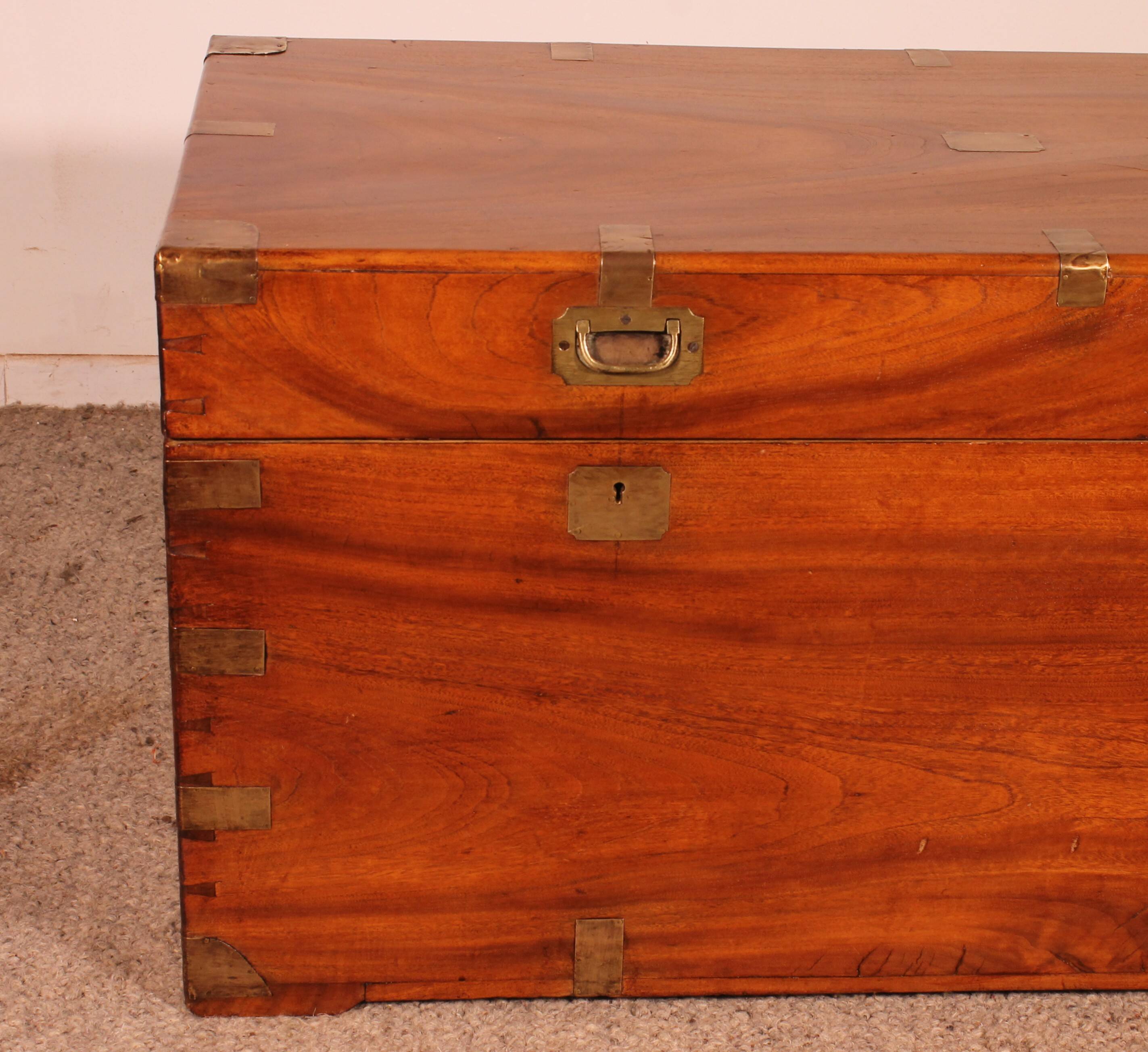 19th-century camphor wood marine chest with double locks and tray in