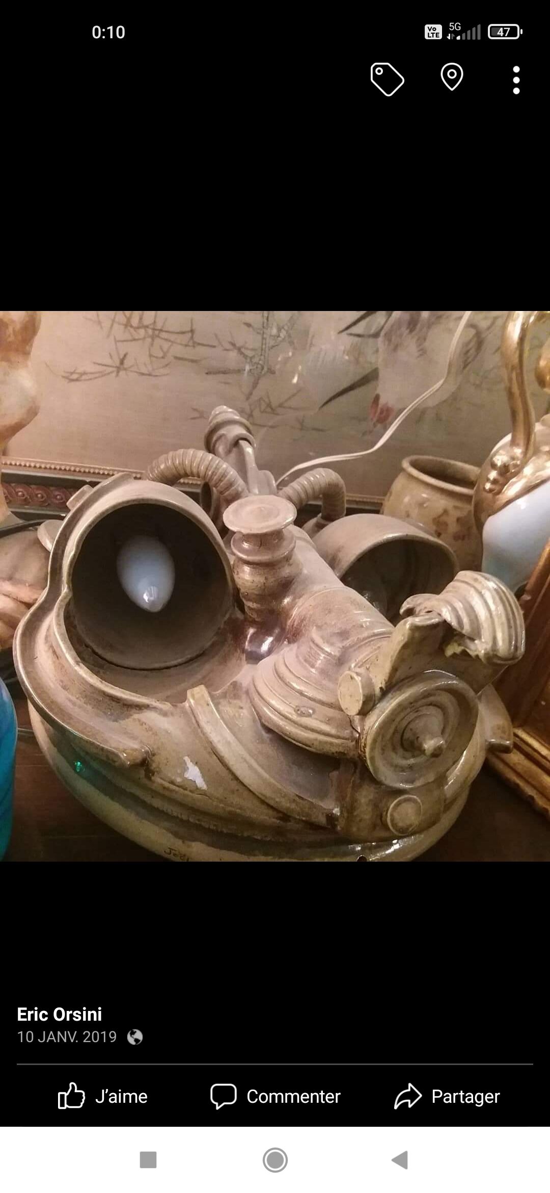 Wall sconce in glazed stoneware "alien head" by Joel Lurois in 1982