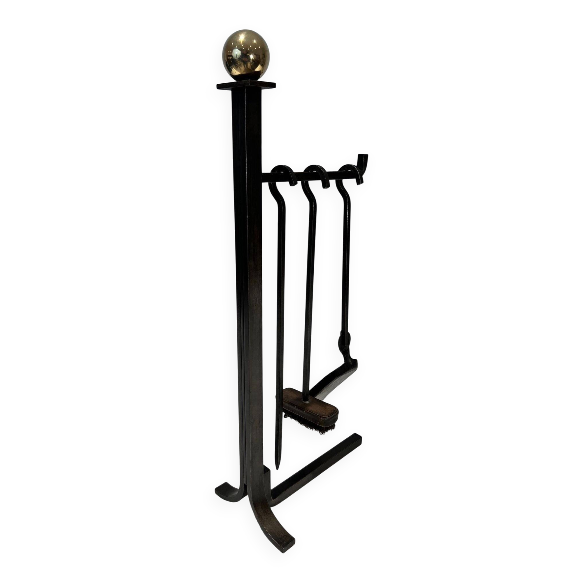 Modernist Fire Necessities in Steel and Brass with Hanging Tools, in the
