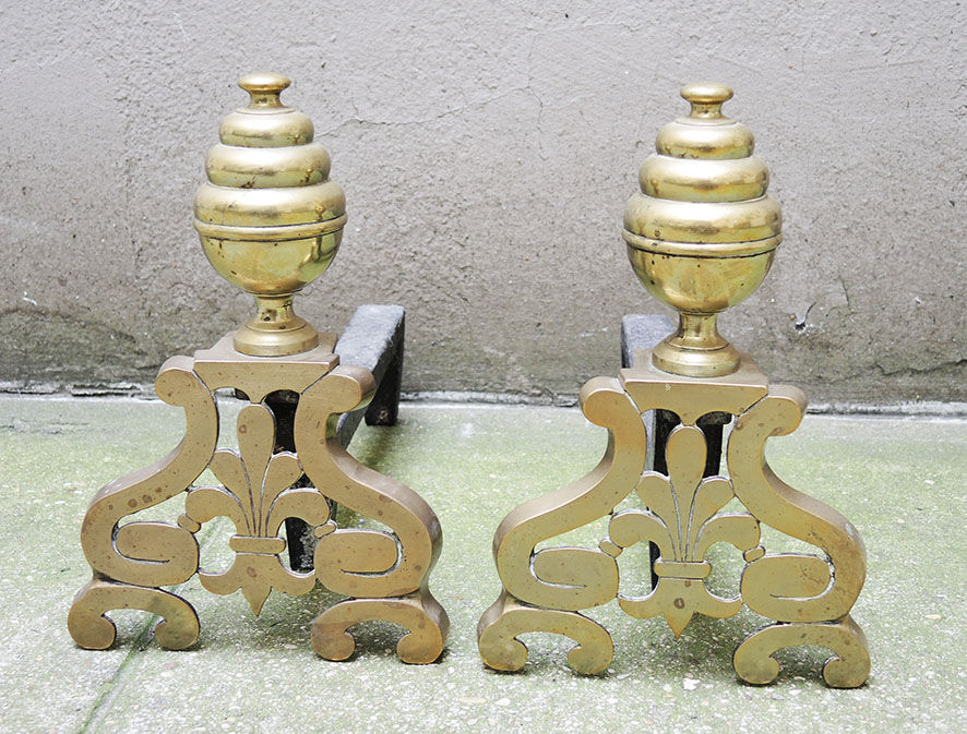 Brass chenets & fleur de lys cast iron