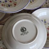 6 vintage porcelain Moulin des Loups soup plates with lilac floral pattern