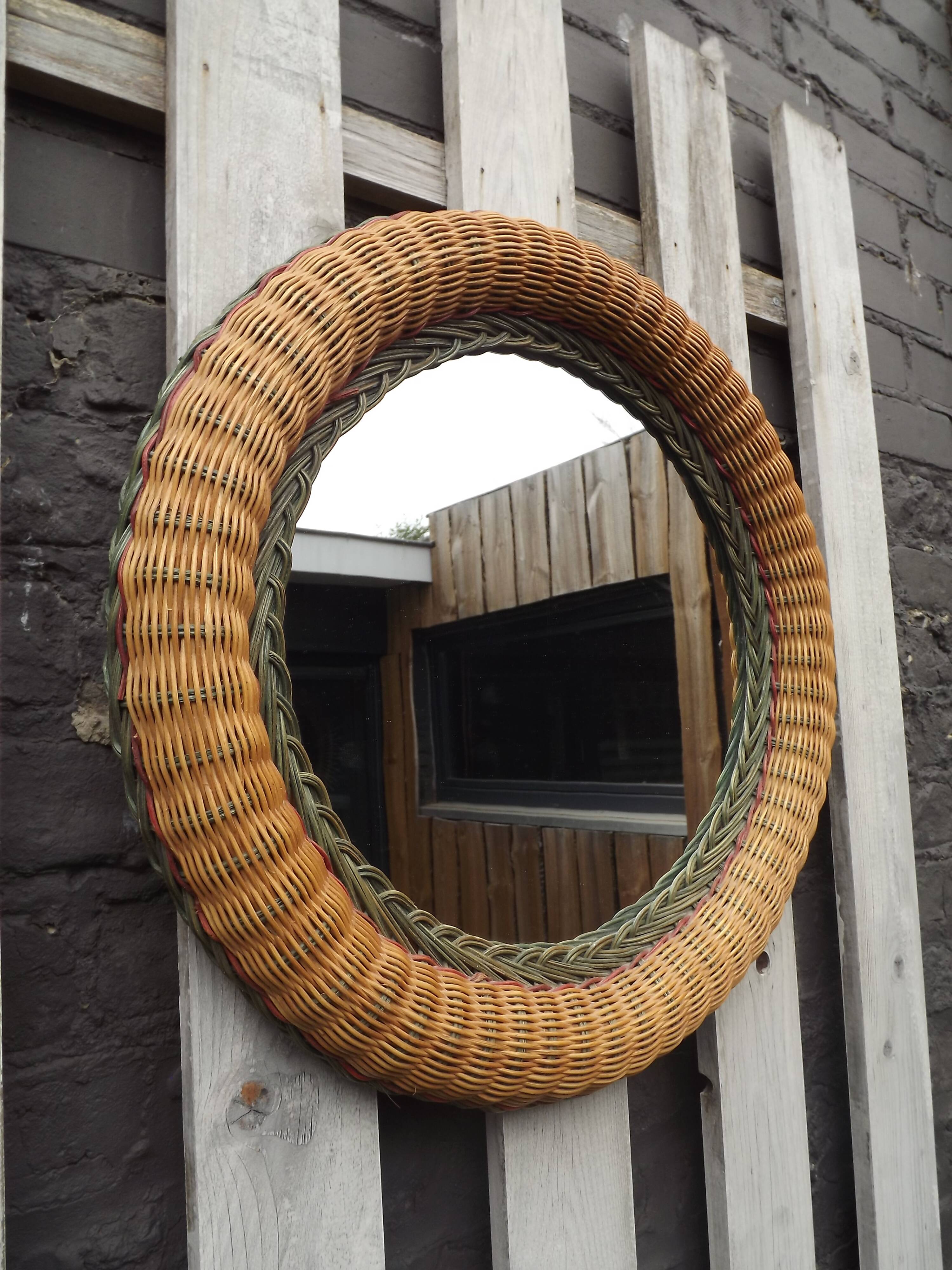 Vintage 70's circular wicker mirror