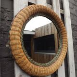 Vintage 70's circular wicker mirror