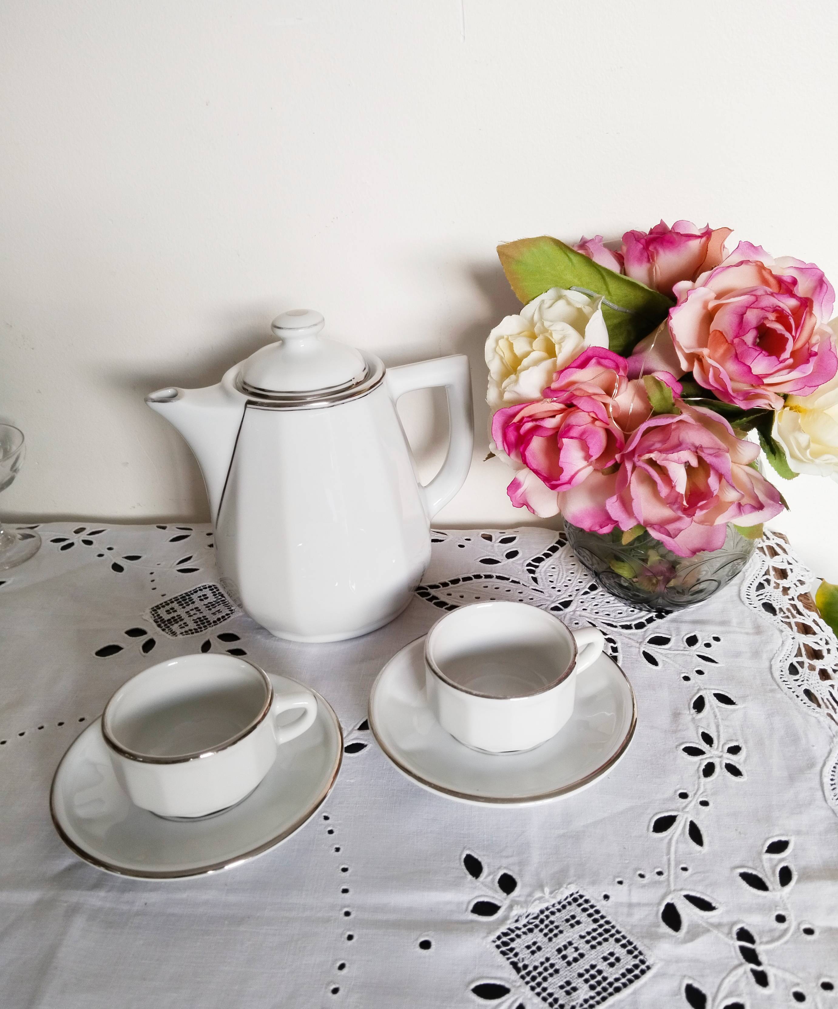 Apilco white and silver coffee maker and bistro cups, vintage French