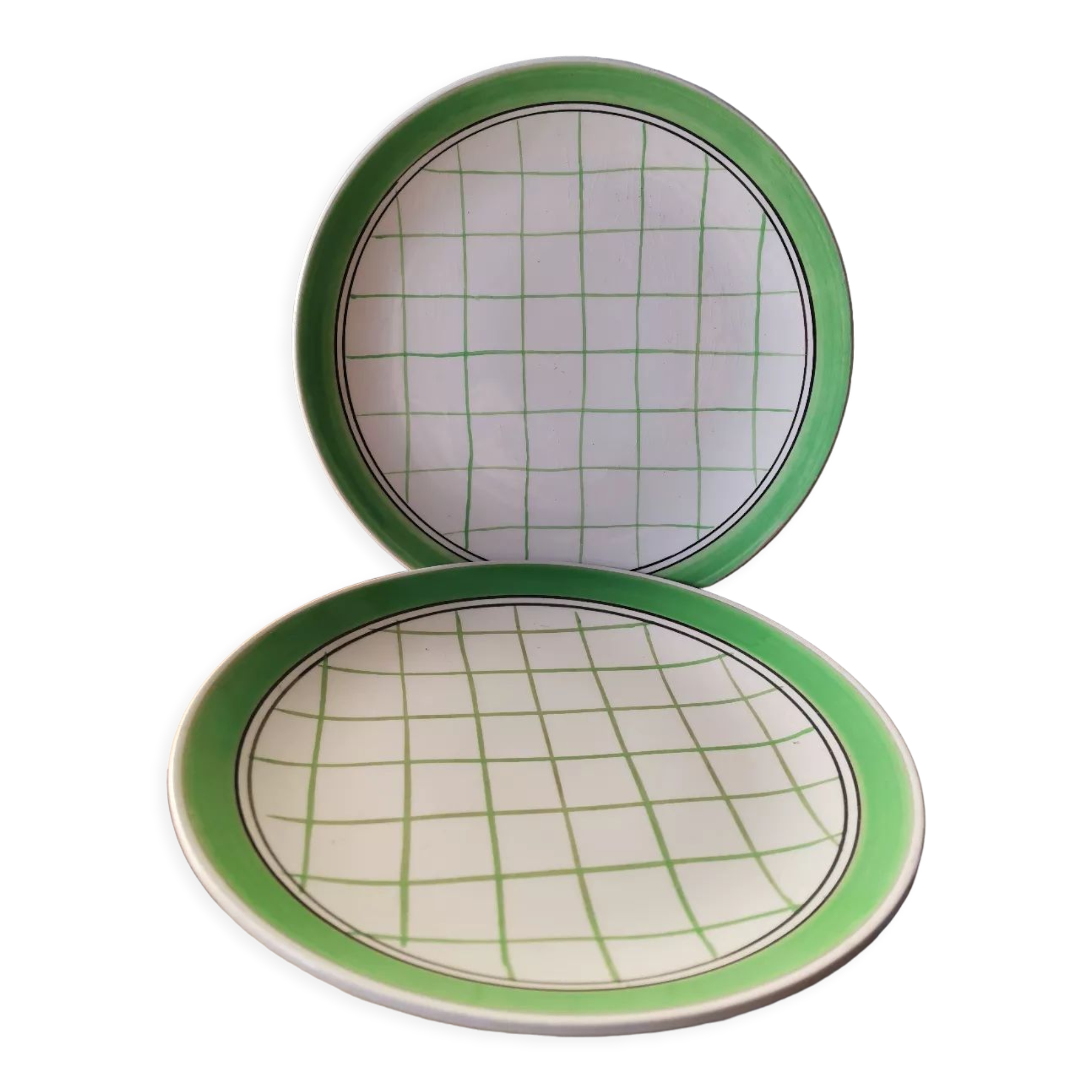 Set of 2 flat plates vintage opaque porcelain tiles from Gien France Michel handmade france