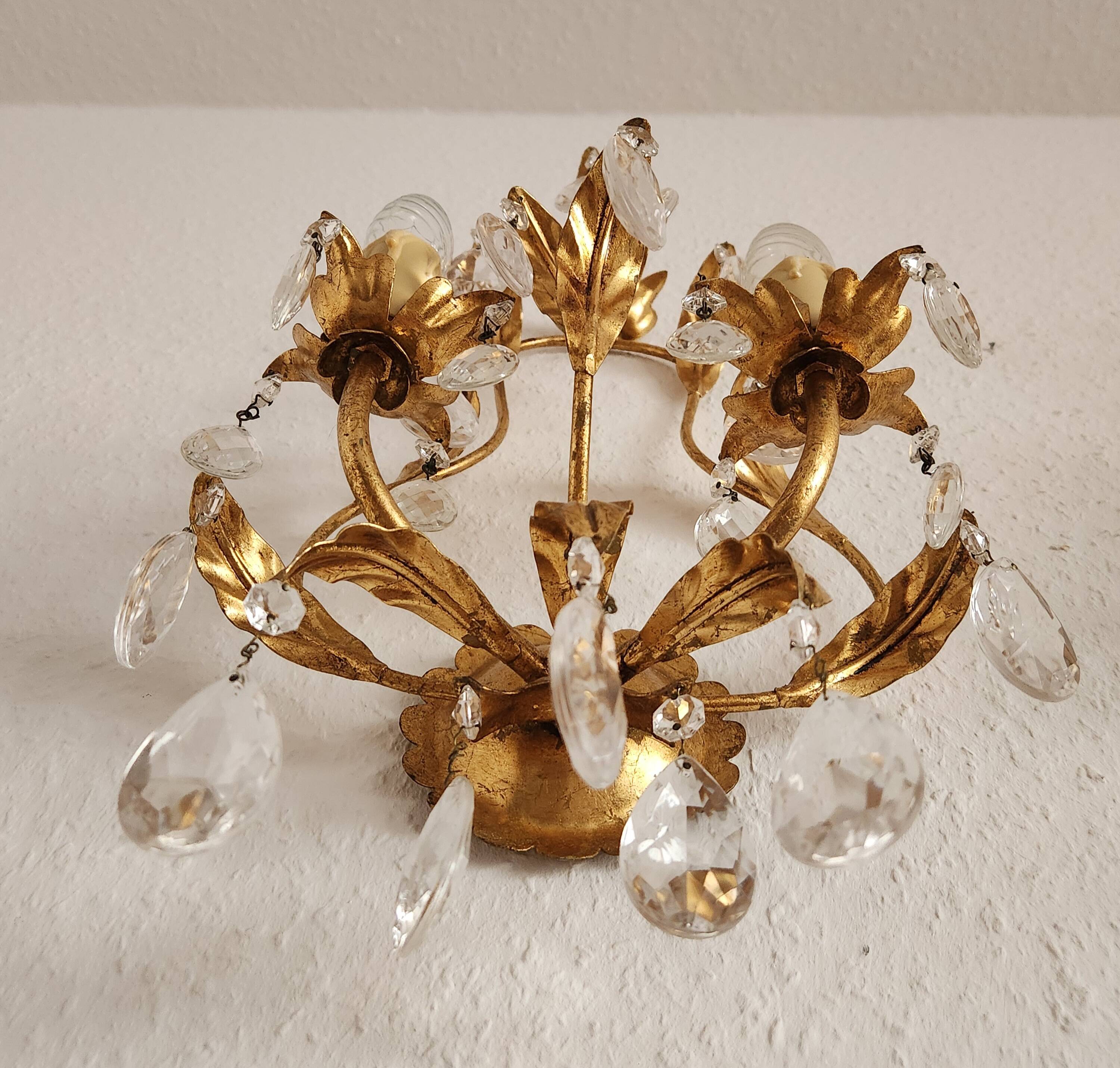 Hand-forged wall lamp gilded with gold leaf and crystals, Italy