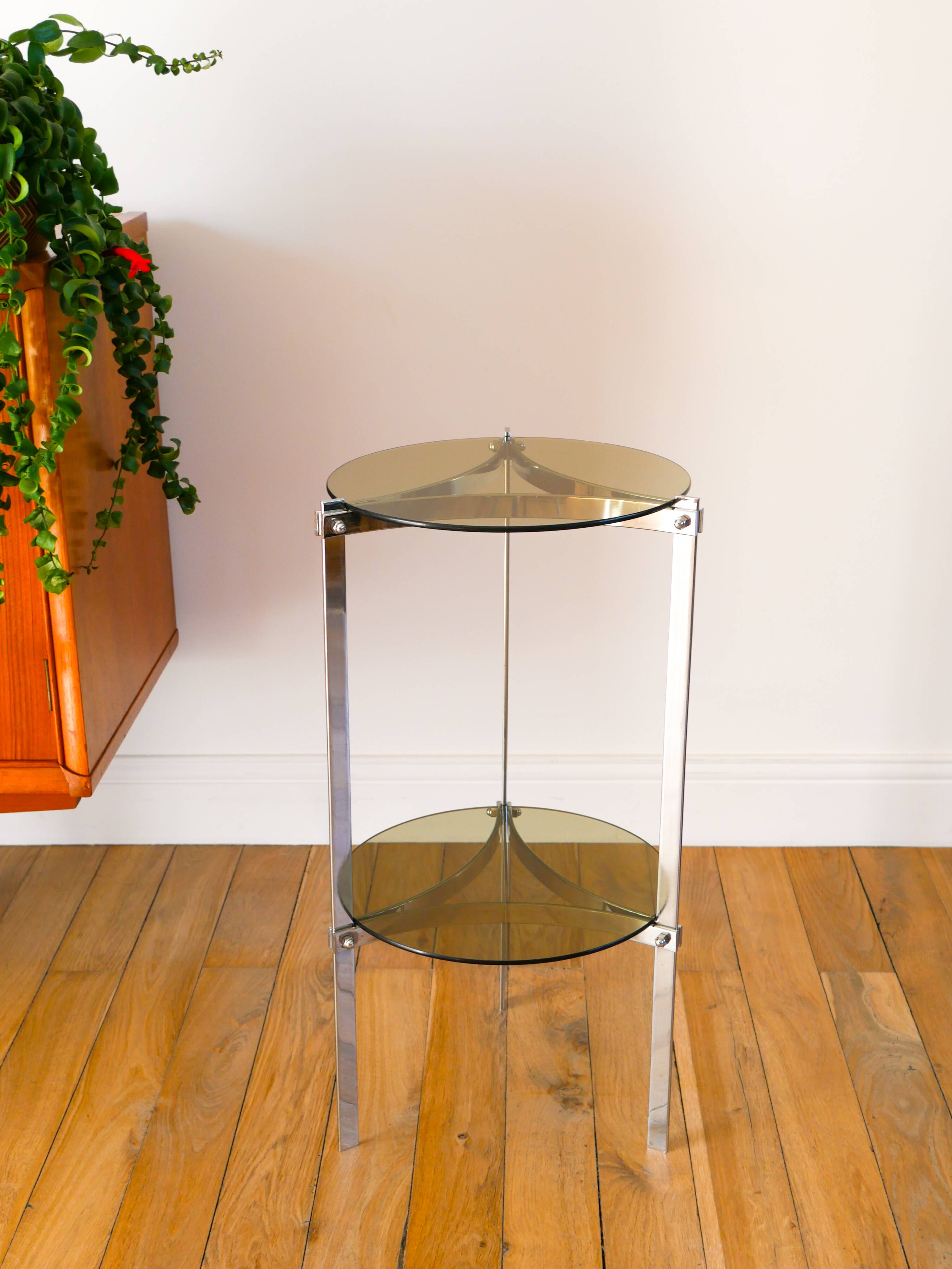 Tripod stand in chrome and smoked glass, double floors, Design, 1970