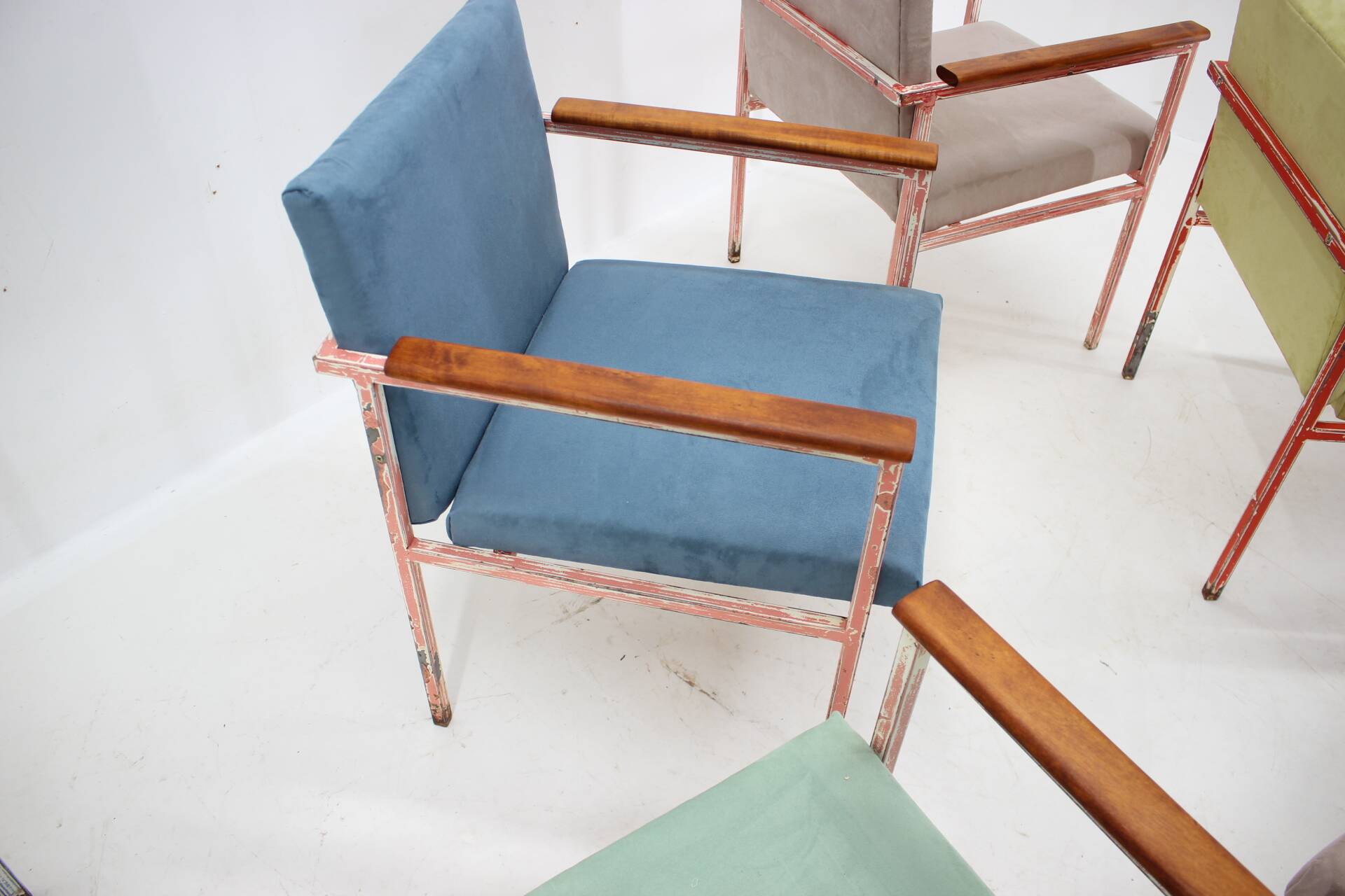 1960s Set of Eight Iron and Wood Armchairs/Dining Chairs,Czechoslovakia