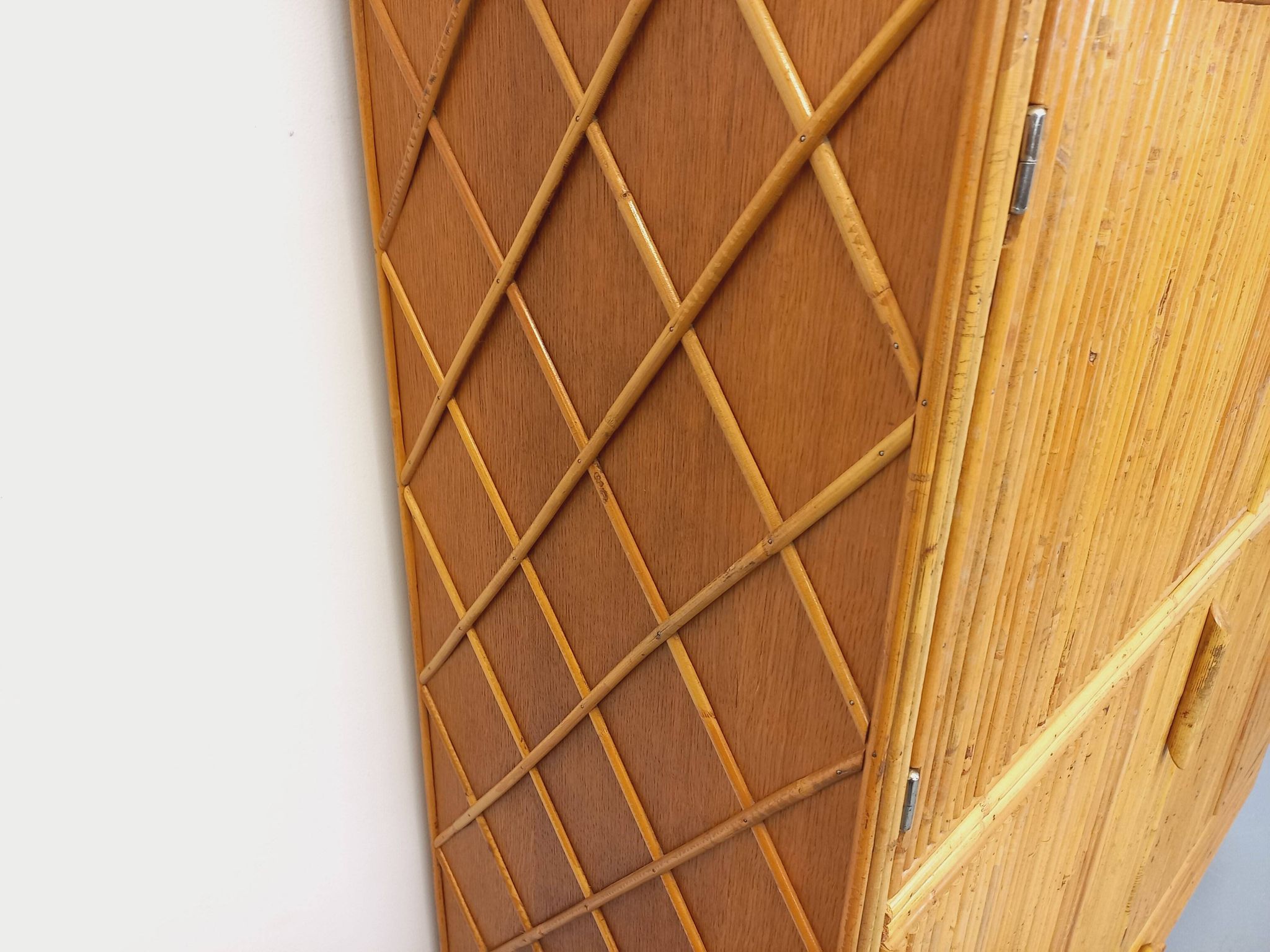Vintage rattan and light wood storage unit from the 60s